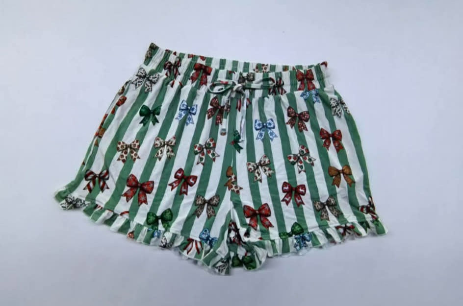 Christmas Bows Loose Top w/ Ruffle Shorts Set