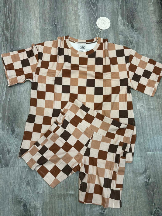 Tri-color checks biker short set w/ pockets