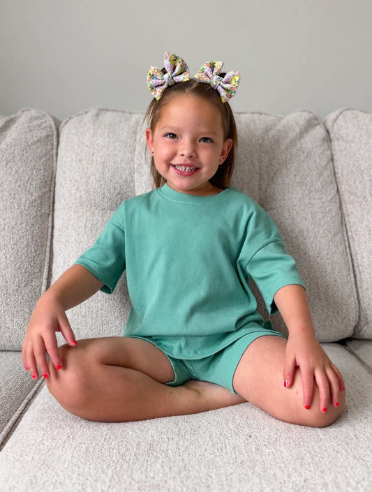 Green ribbed mini biker set