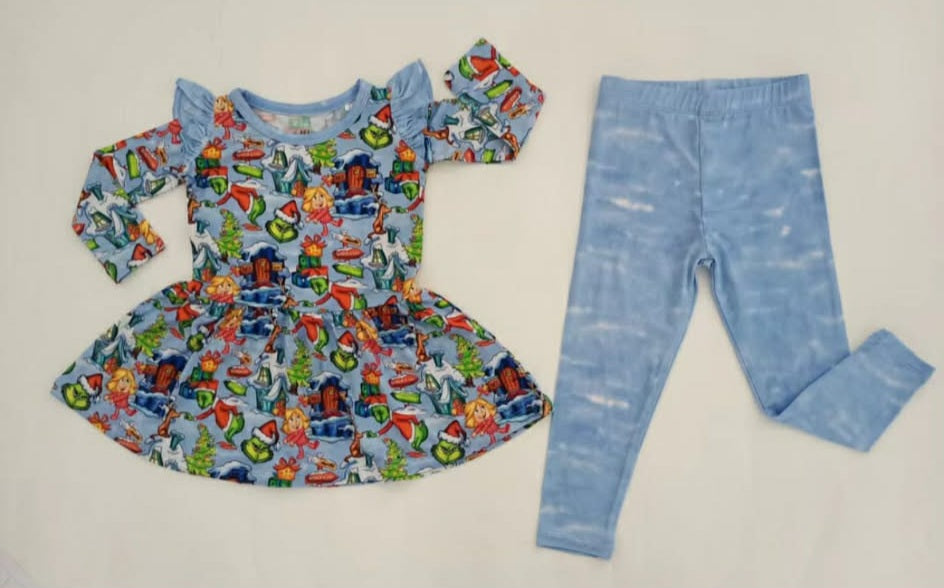 Christmas In Whoville Long Sleeve Ruffle Peplum Set with Leggings