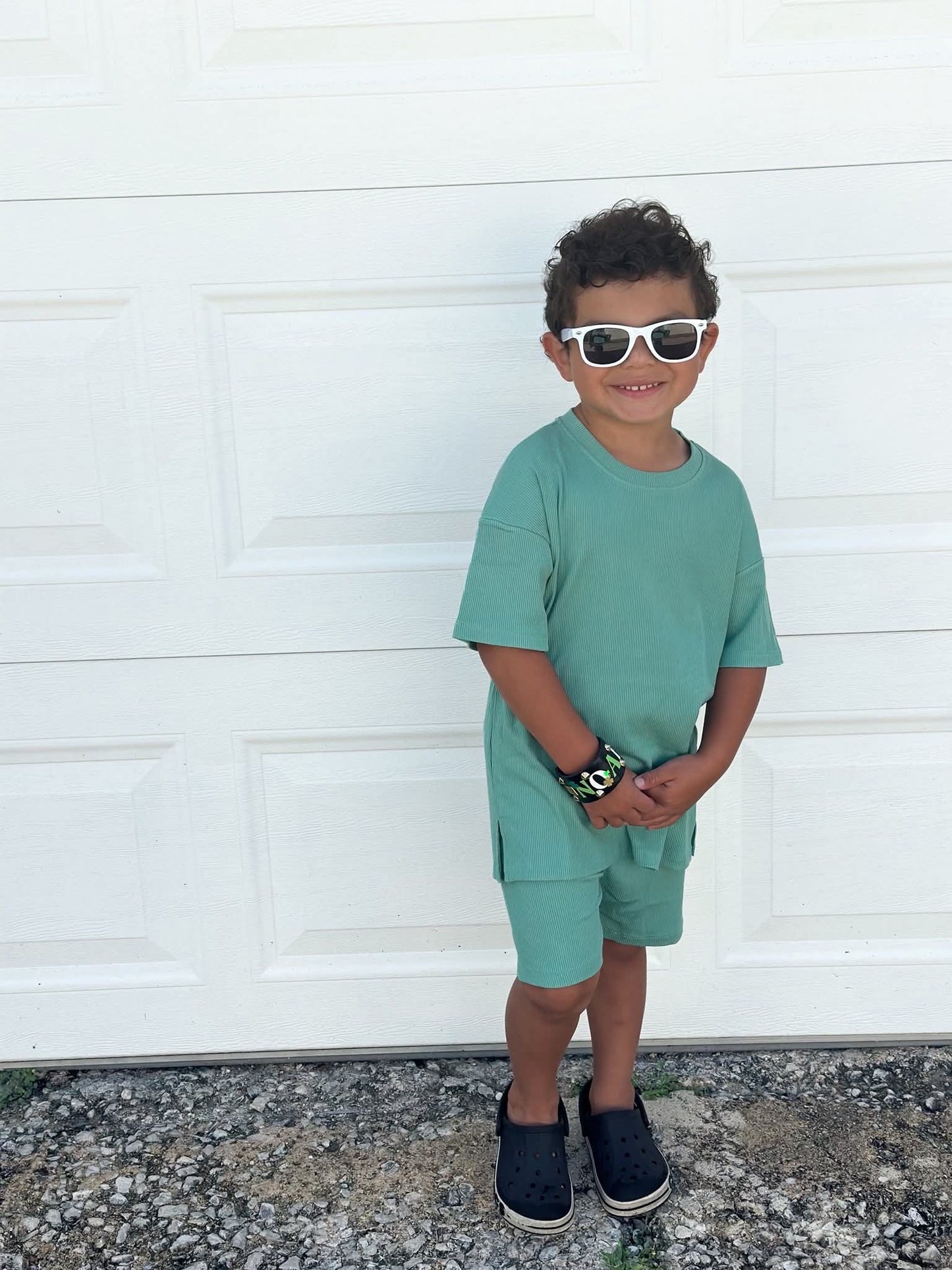Green ribbed mini biker set