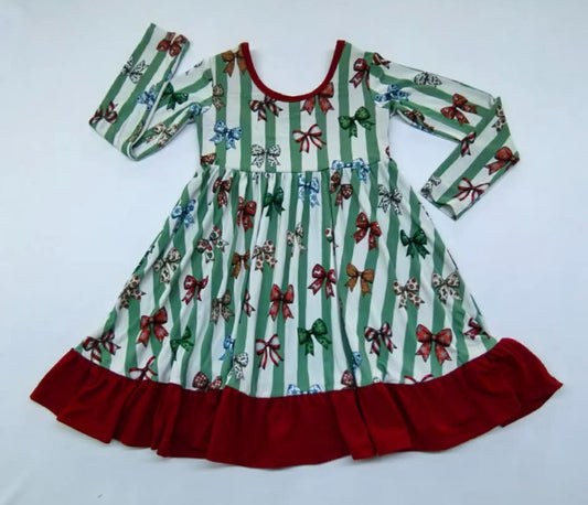 Christmas Bows Long Sleeve Twirl Dress