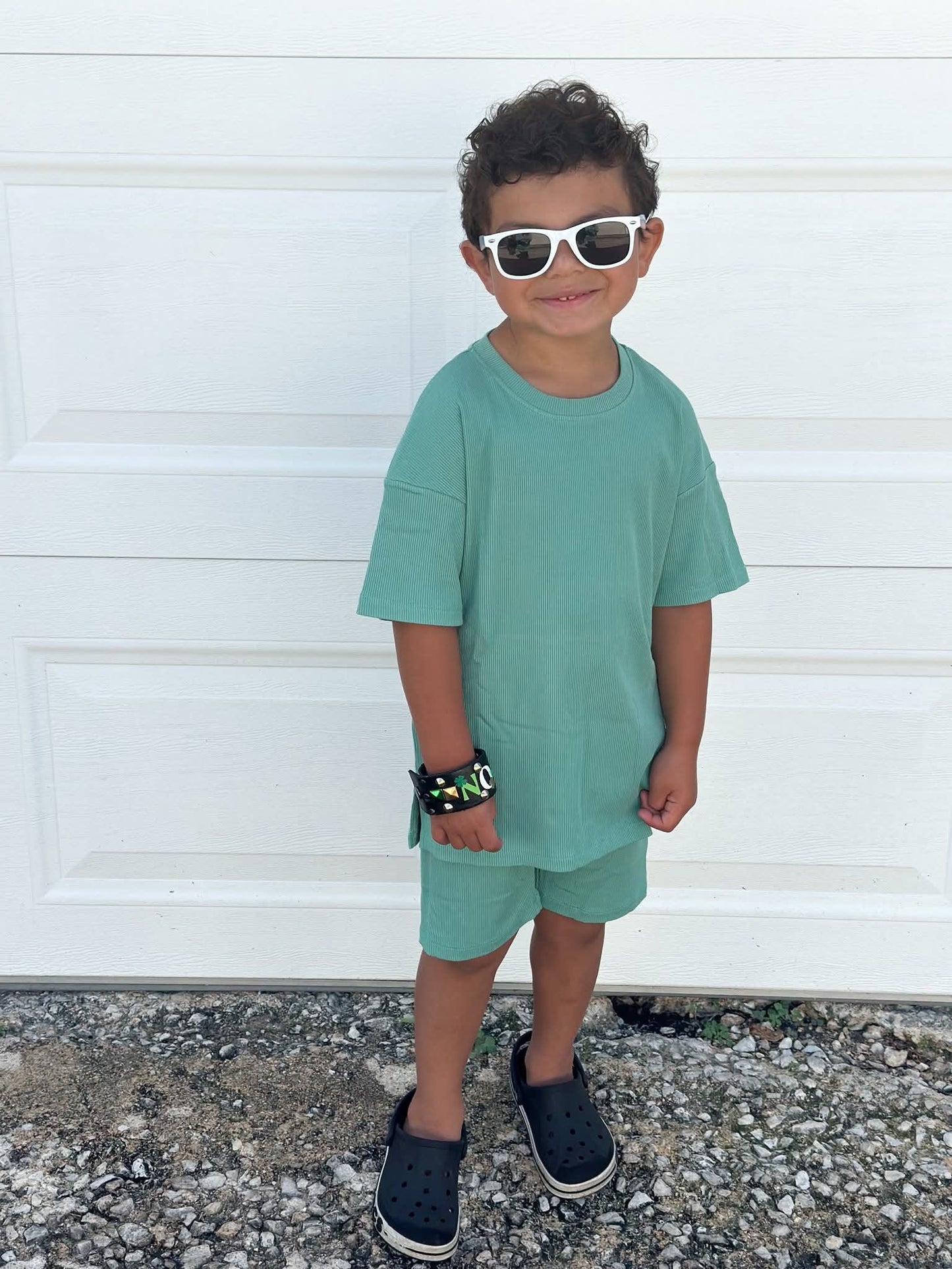 Green ribbed mini biker set