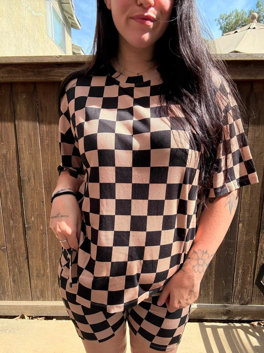 Black & Tan Checks biker short set w/ pockets