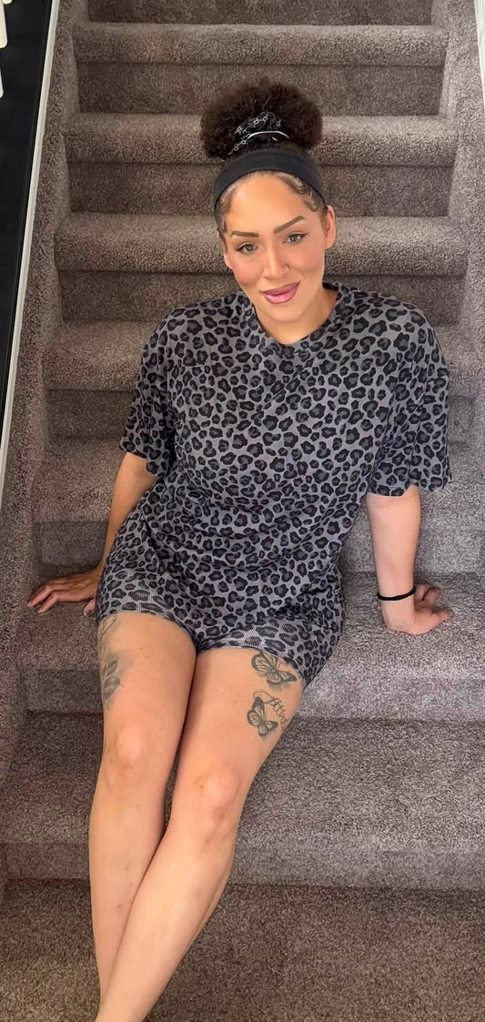Gray Cheetah Biker Short Set